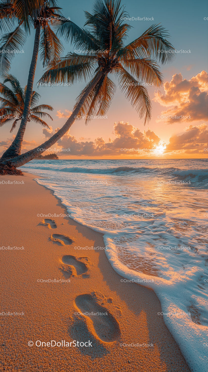 Scenic Tropical Beach Sunset with Palm Trees and Ocean Waves