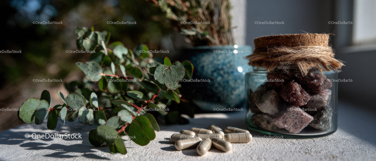 Decorative Green Foliage, Colorful Stones and Ceramic Vase