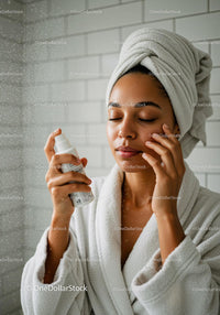 Calm woman applying facial mist in white bathrobe