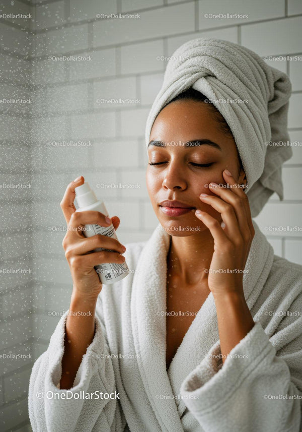 Calm woman applying facial mist in white bathrobe