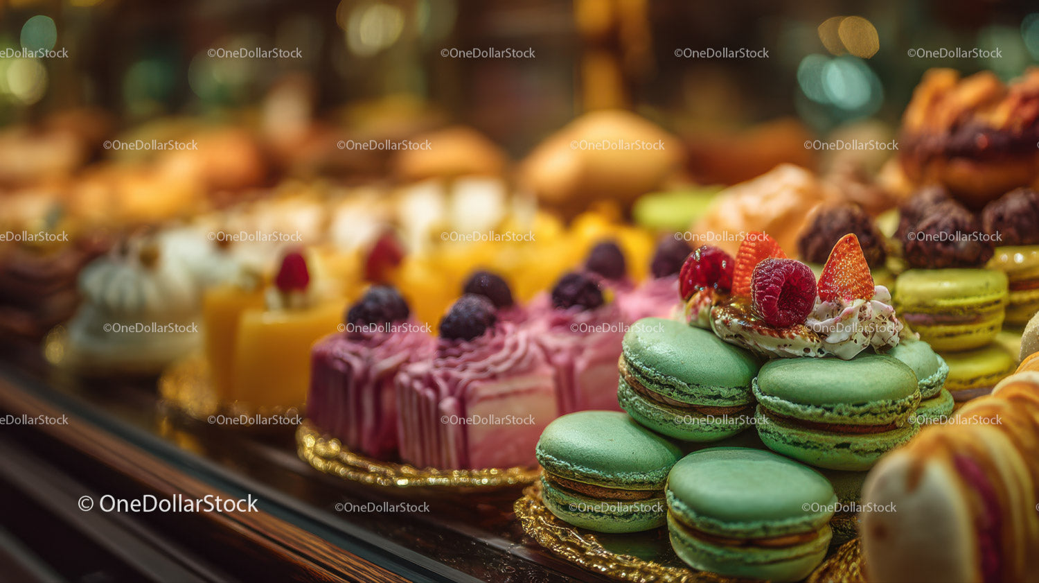Assorted Colorful Macarons and Pastries Display in Bakery Showcase