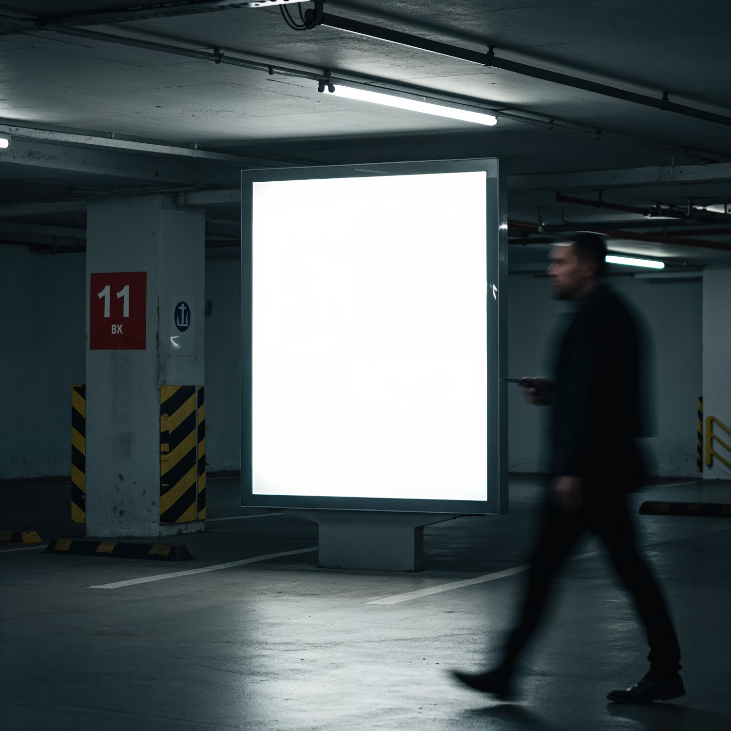 Niewyraźny mężczyzna przechodzący obok oświetlonego billboardu w garażu
