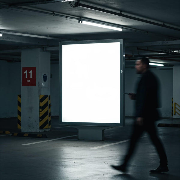 Blurred man walking past illuminated billboard in parking garage JPG Mockup Image