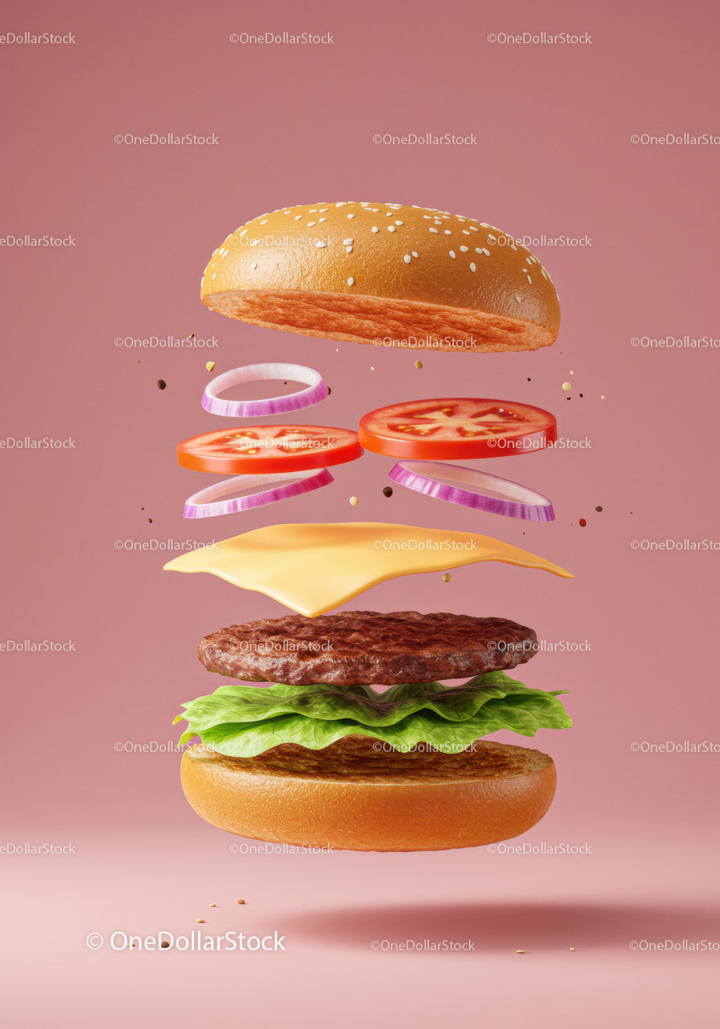 Zdekonstruowane składniki cheeseburgera unoszące się na różowym tle