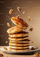 Stack of fluffy pancakes with honey and walnuts