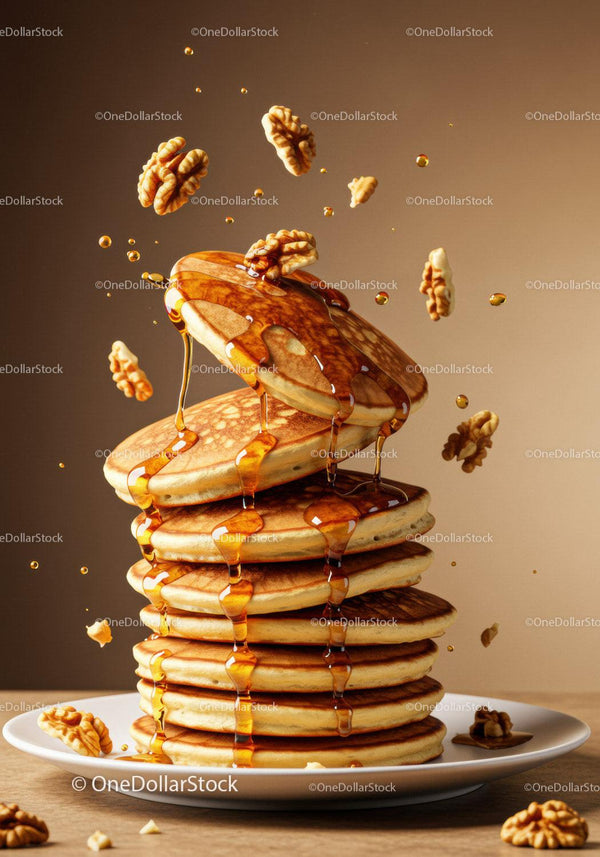 Stack of fluffy pancakes with honey and walnuts