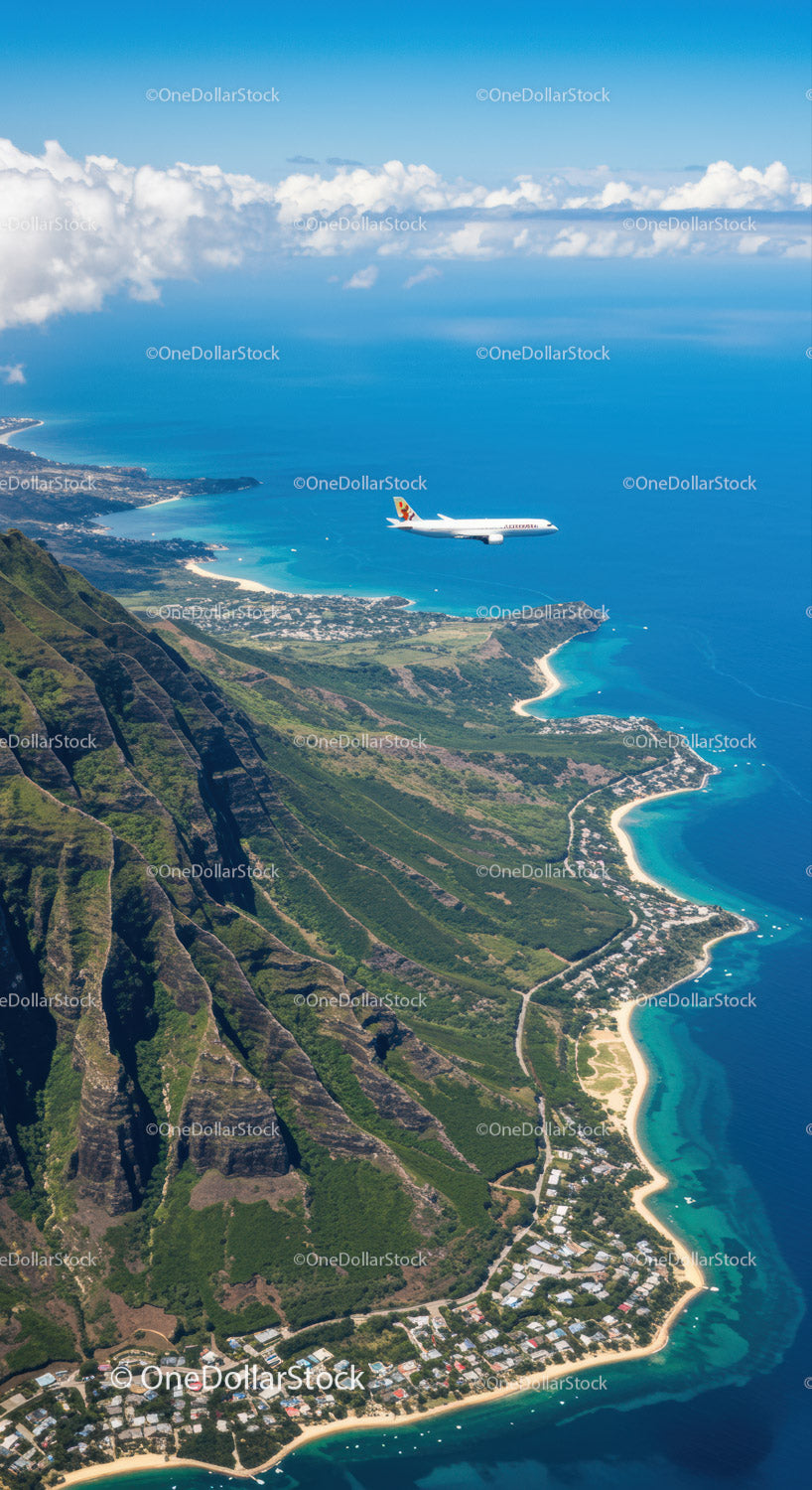 Scenic Aerial View of Coastal Landscape with Airplane Flying Over Green Hills