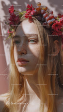 Young Woman with Red Floral Crown and Purple Grapes Outdoor Portrait