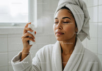 Woman enjoying skincare mist in cozy bathroom setting