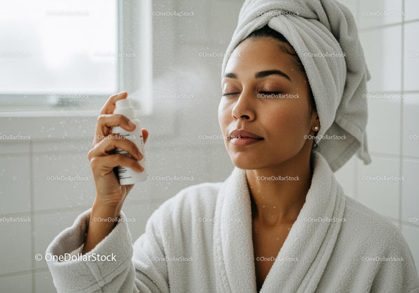Woman enjoying skincare mist in cozy bathroom setting