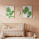 Tropical Leaf Wall Art in Pastel Nursery with Soft Decor Elements