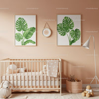 Tropical Leaf Wall Art in Pastel Nursery with Soft Decor Elements
