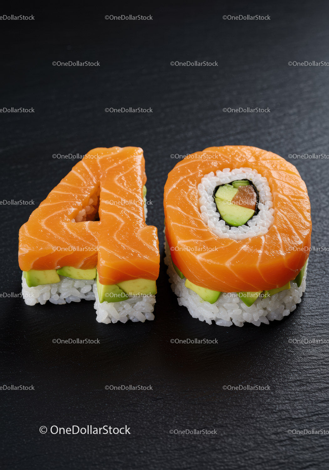Kreatywne rolki sushi w kształcie liczby 40 na czarnym tle