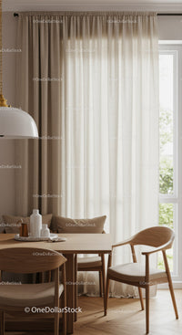 Bright Cozy Dining Area with Beig Canvas Curtains and Wooden Furniture