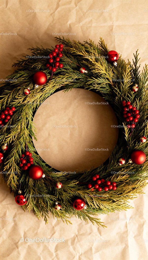 Festive holiday wreath with red berries and ornaments