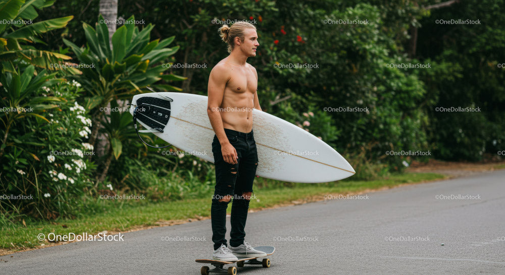 Young Man with Surfboard Skateboarding on Road in Lush Nature