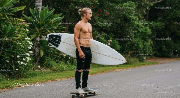 Young Man with Surfboard Skateboarding on Road in Lush Nature