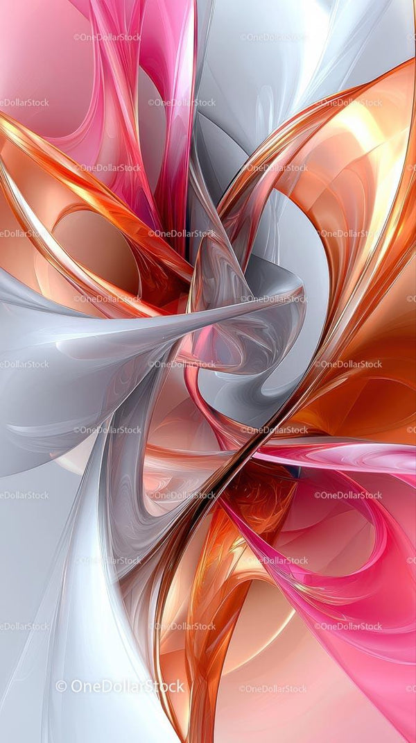 Abstract Flowing Shapes in Vibrant Red Pink Orange Silver and White