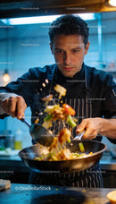 Chef Tossing Fresh Stir Fry in Professional Kitchen