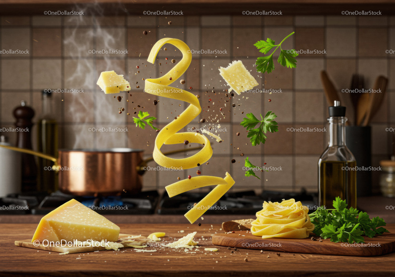 Fresh pasta ribbons with parmesan and herbs in kitchen