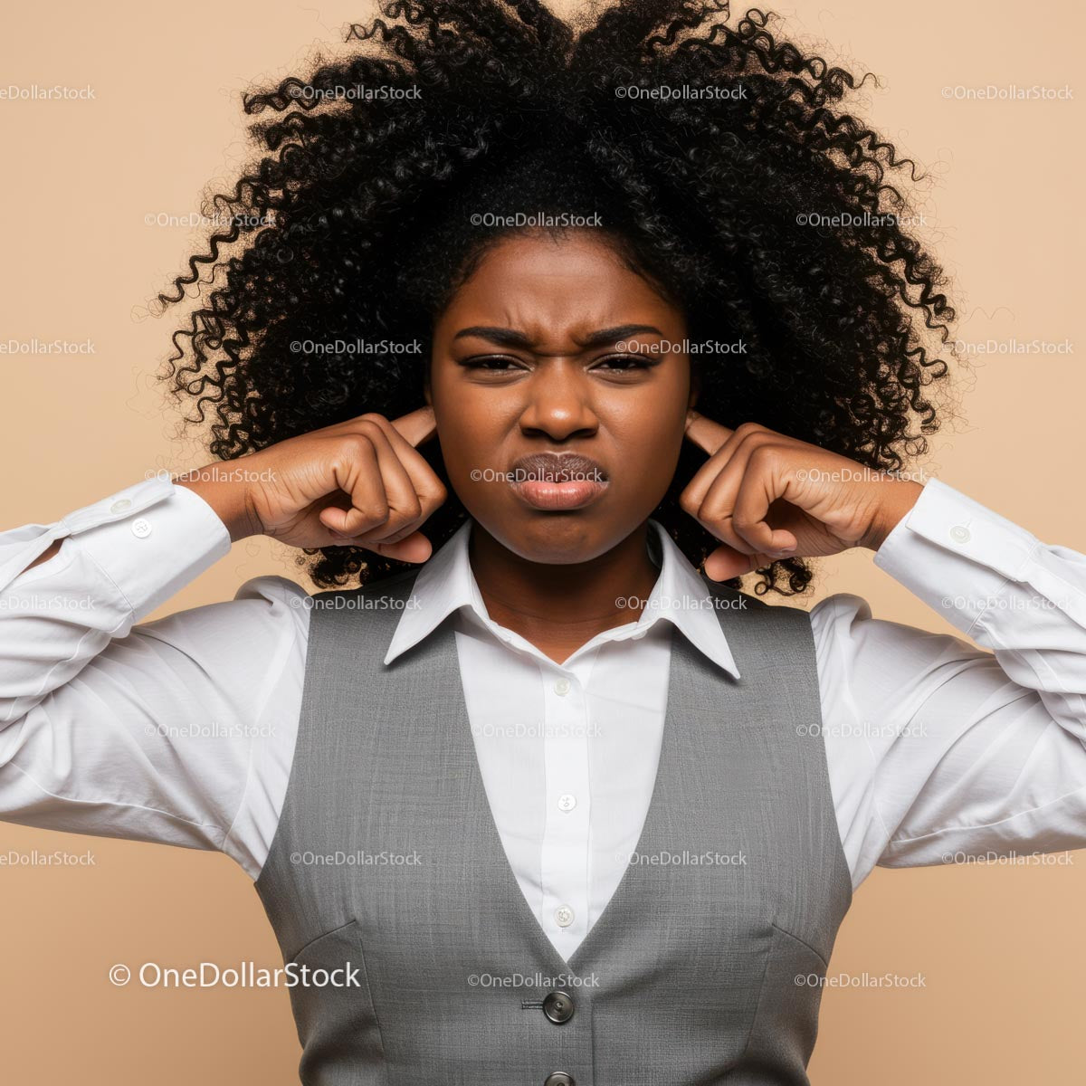 Frustrated Woman Covering Ears with Annoyed Expression
