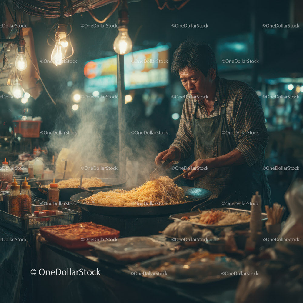 Street Food Vendor Cooking Noodles at Night Market