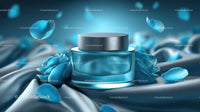 Elegant Blue Cosmetic Jar Among Delicate Petals