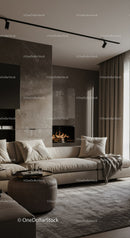 Cozy modern living room with fireplace and soft lighting