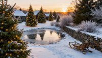 Winter Evening with Lit Christmas Trees Around Frozen Pond