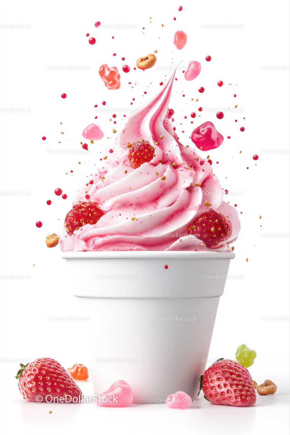 Strawberry Ice Cream in White Cup with Fresh Berries and Toppings