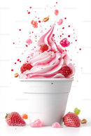 Strawberry Ice Cream in White Cup with Fresh Berries and Toppings