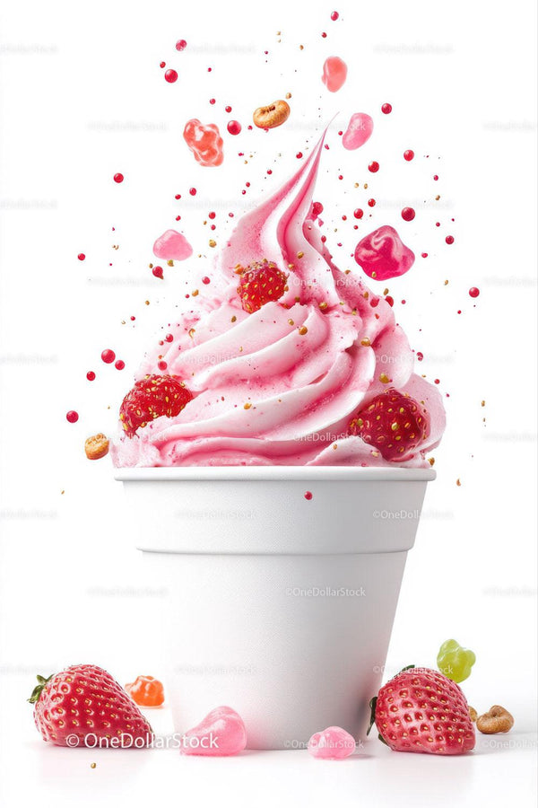 Strawberry Ice Cream in White Cup with Fresh Berries and Toppings