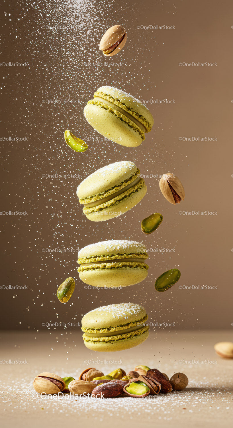 Latające makaroniki pistacjowe z orzechami i cukrem pudrem
