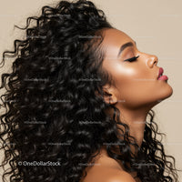 Profile of woman with glossy curly hair and makeup