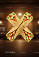 Four chicken wraps with fresh vegetables arranged symmetrically
