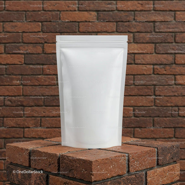 Blank white resealable pouch on rustic brick pedestal JPG Mockup Image