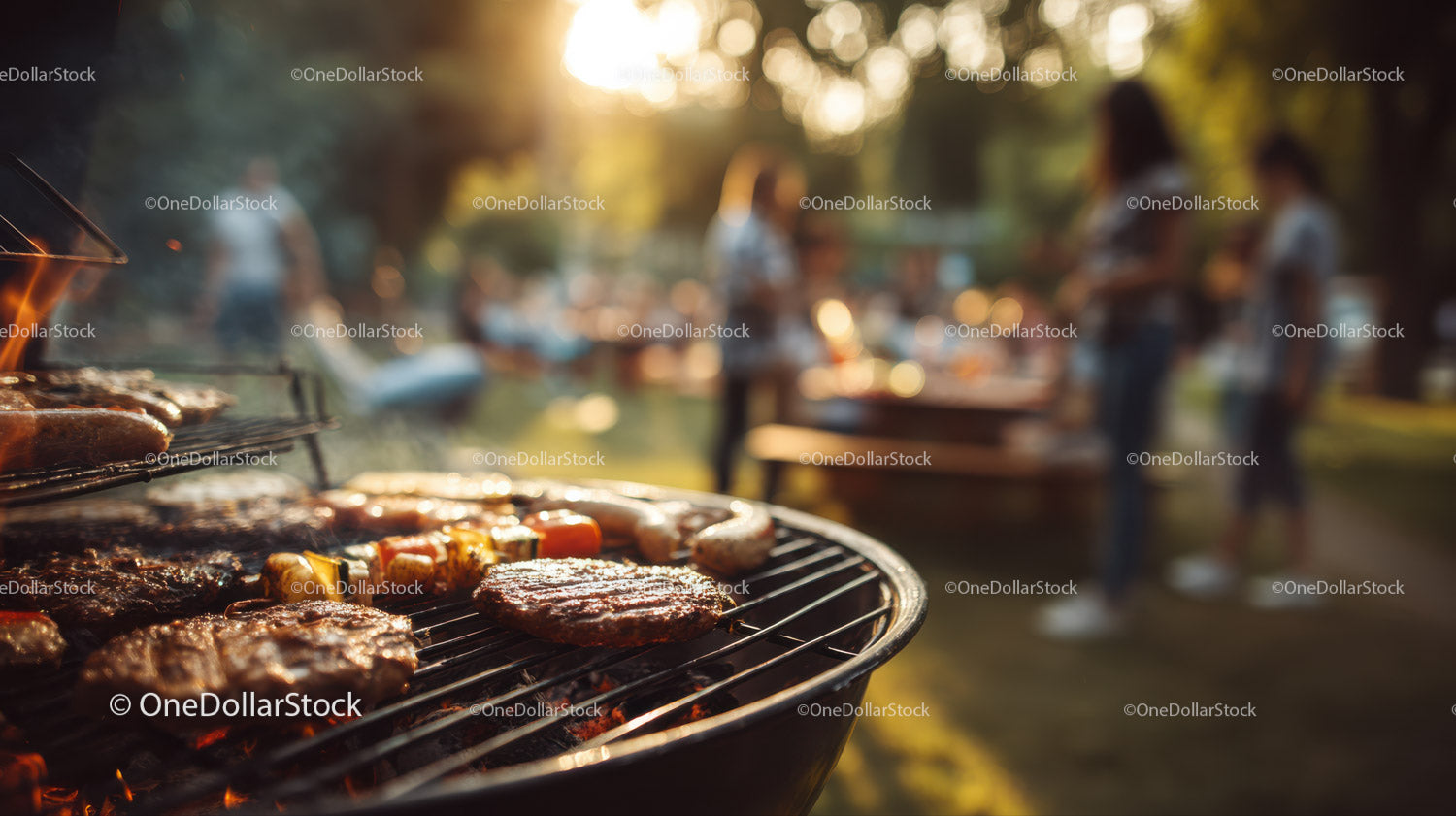 Outdoor Summer Barbecue with Sizzling Sausages and Vegetables