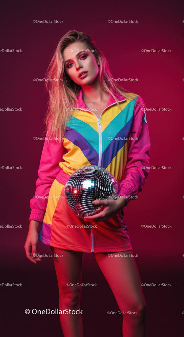 Young Woman Holding Disco Ball in Vibrant Nightclub Fashion Scene