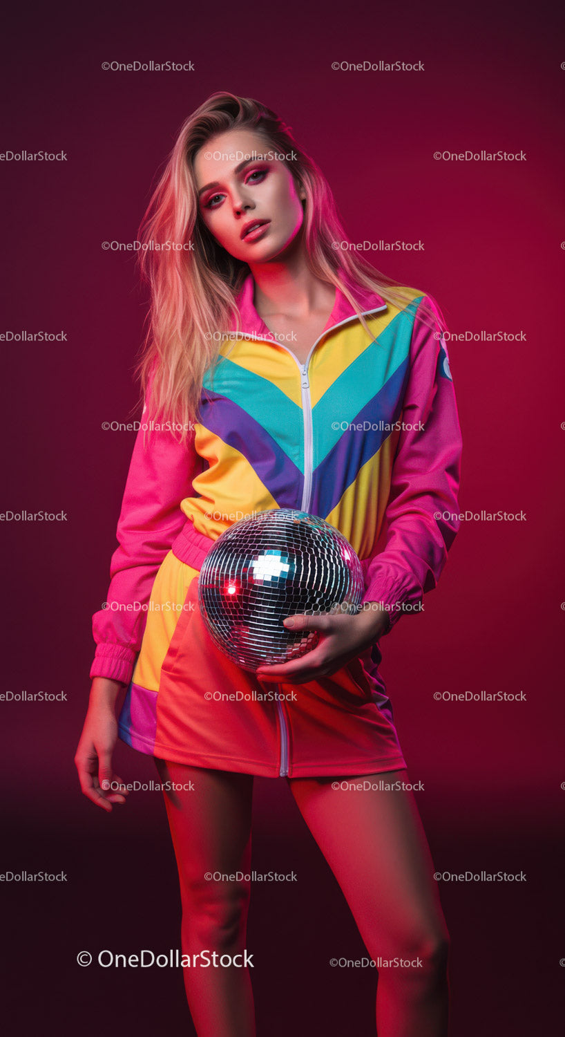 Young Woman Holding Disco Ball in Vibrant Nightclub Fashion Scene