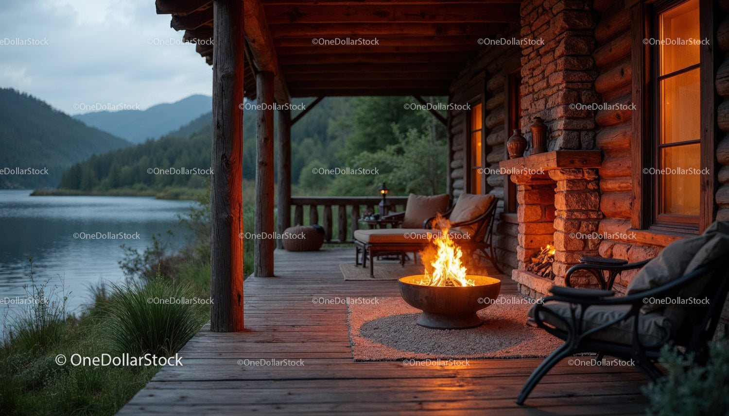 Rustic Cabin Porch with Firepit and Scenic River View