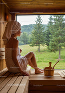 Woman Relaxing in Sauna with Forest View and Natural Light