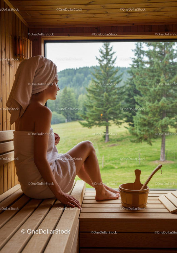 Kobieta Relaksująca się w Saunie z Widokiem na Las i Naturalnym Światłem