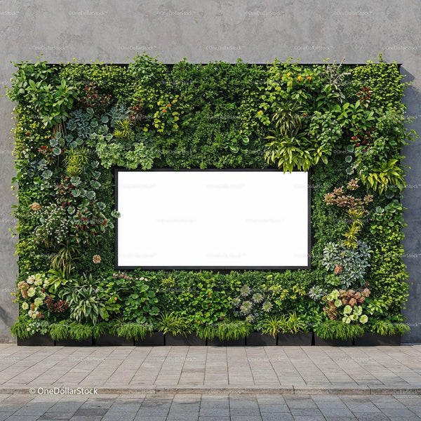 Urban Green Wall Frame with Vibrant Plant Variety JPG Mockup Image
