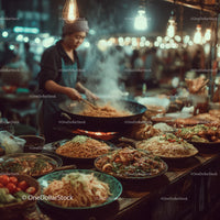 Vibrant Street Food Stall with Asian Noodle Dishes and Cooking Activity