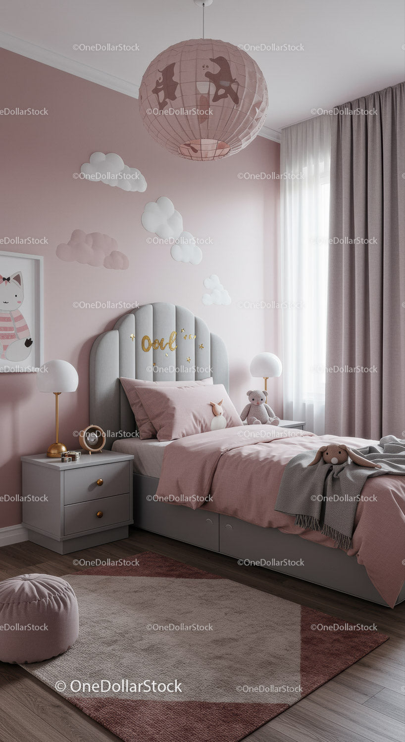 Cozy Kids Bedroom with Pink Wall and Cloud Decorations