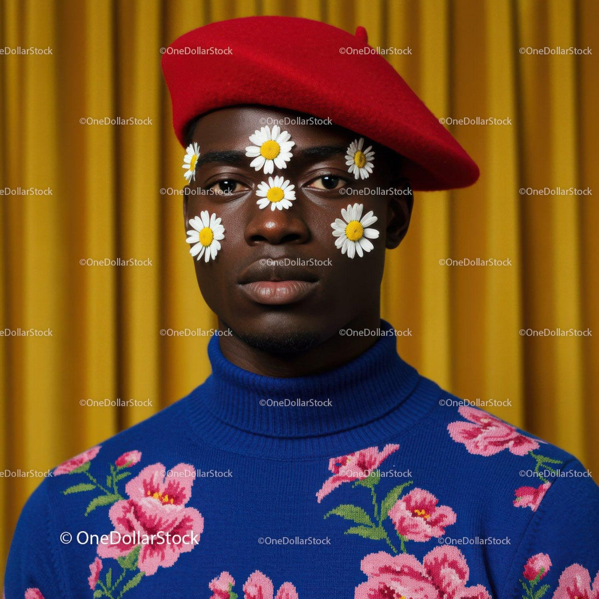 Stylish man with daisy face art and floral sweater