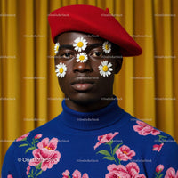 Stylish man with daisy face art and floral sweater