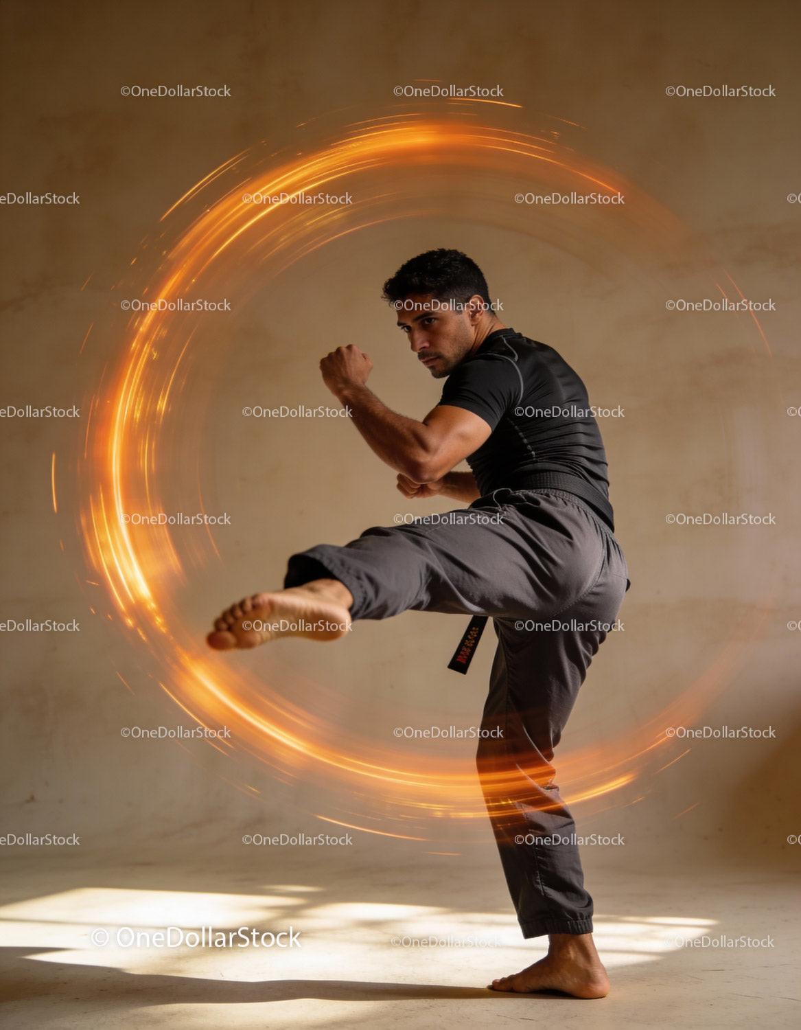 Focused martial artist performing high kick with energy effect