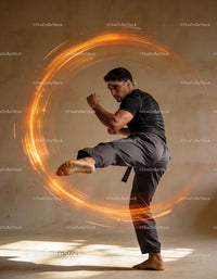 Focused martial artist performing high kick with energy effect