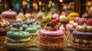 Colorful Macarons Display with Fresh Berries and Gold Decorations